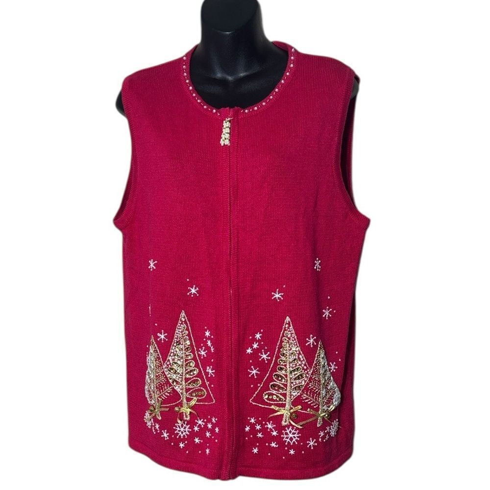 Quacker factory women’s medium pink‎ knit vest beaded embroidered christmas tree
